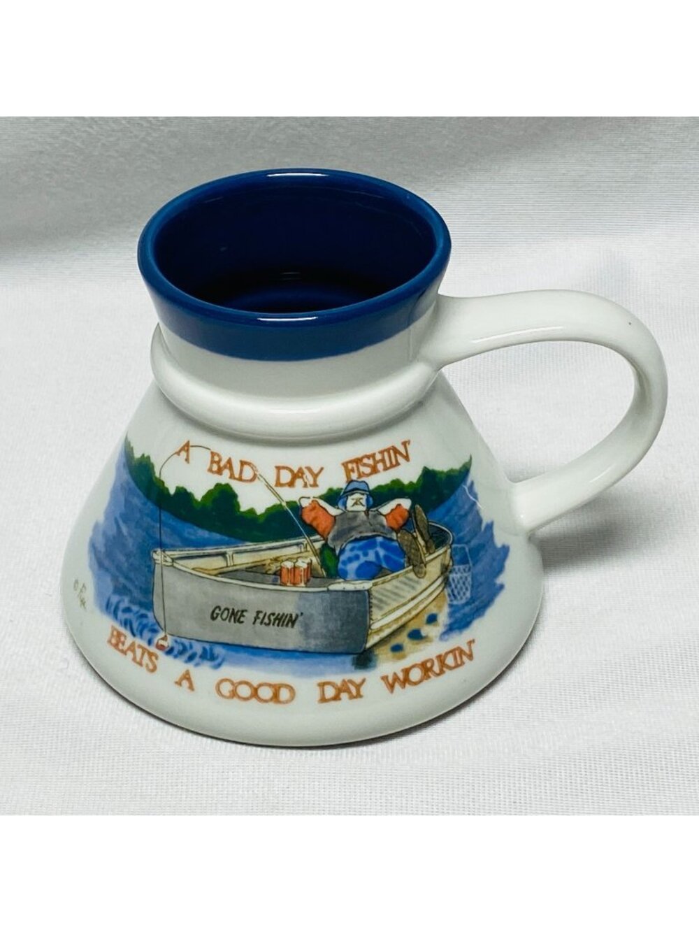 A Bad Day Fishin Otagiri Ceramic Mug Blue White Bass Boat Lakeside Japan Vintage